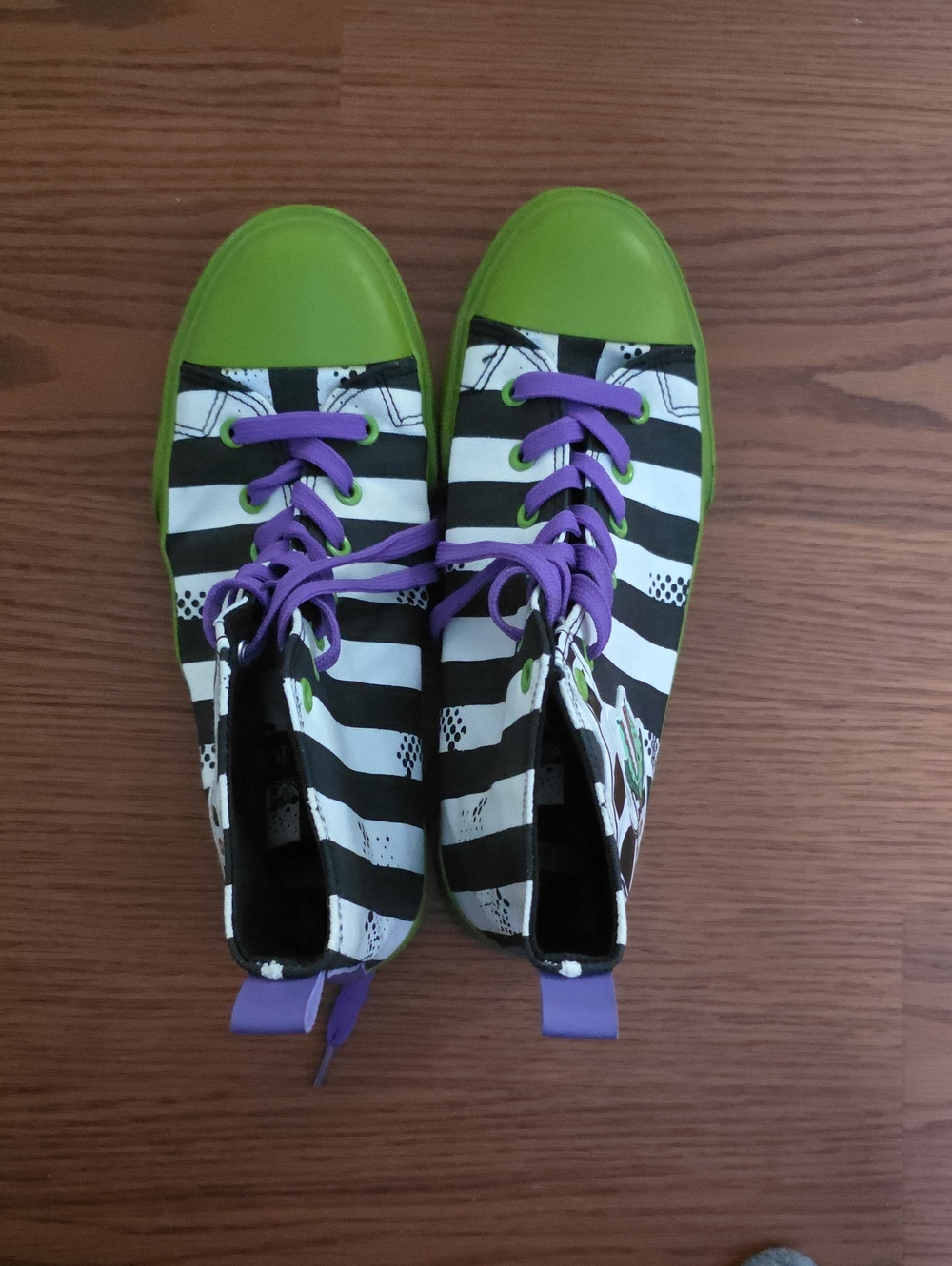 Beetlejuice Black & White Stripe High-Top Sneakers with Lime Toe & Purple Laces